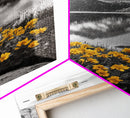 Yellow Wildflowers Lake, Alpine Meadow, Monochrome Landscape, Canvas Print, Kitchen Wall Art, Spring Nature Photography Decor