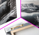 Crater Lake, Snowy Mountains, Scenic Reflection View, Framed Canvas Print, Cabin Wall Art, Winter Landscape Decor, Nature Vibes