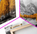 Golden Trees Trail, Snowy Peaks, Serene Landscape, Framed Canvas Print, Autumn Home Decor, Cozy Wall Art, Cabin Aesthetic