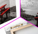 Red Picnic Table, Rocky Shore Cliffs, Bold Coastal View, Framed Canvas Print, Rustic Wall Art, Cabin Decor, Nature Lovers Gift