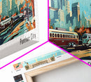 Fort Worth Texas Panoramic Wall Art, Mid Century Modern Framed Canvas Print, Retro Pop Art Travel Poster, Office Art, Living Room Decor
