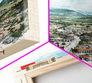 Elbasan, Albania Framed Canvas Print. Mountain Charm Wall Art for Living Room or Bedroom, Scenic Travel Poster Decor.