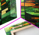 Geometric Abstract Art in Green and Yellow Tones - Framed Canvas Print, Midcentury Modern Art, Skinny Art, Tall Art, Living Room Wall Decor, Boho Art
