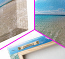 Serene Coastal Shoreline Landscape Painting in Blue and Orange Hues, Modern Framed Canvas Print, Ideal for Contemporary Wall Art Décor