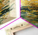 Golden Foliage Set Against Green Textured Background Skinny Art Tall Art Framed Canvas Print Japanese Style Art Ukiyo-e Art Wood Block Print Natural Elegant