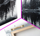 Pine tree reflection, moody art, mountain painting, pine tree art, rustic decor, panoramic art, extra wide art, framed canvas print