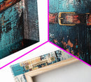 Rustic blue door, worn leather belt, southwest wall art, farmhouse art, textured painting, wabi sabi art, framed canvas print, rustic decor