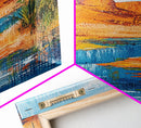 Desert Oasis, vivid landscape, blue water, rustic nature art, warm tones, panoramic painting, framed canvas print, southwest wall art