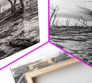 Windblown Trees, stormy sky, moody landscape, wabi sabi art, black and white, framed canvas print, rustic decor, nature photography