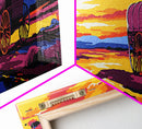 Wagon at Sunset, pink orange wall art, rustic decor, mountain painting, panoramic art, extra wide art, Framed Canvas Print, gift idea