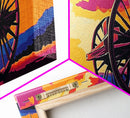 Sunset Wagon Wheel, pink orange wall art, bold color art, boho art, panoramic painting, extra wide art, framed canvas print, landscape painting