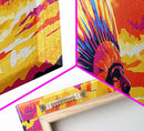 Sunset Warrior, bold colors, chicano art, moody art, pink orange wall art, framed canvas print, extra wide art, above sofa art