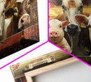 Farm Animals On The Fence, Framed Canvas Print, Cute Animal Decor, Bathroom Wall Art, Illustration, Home Decor