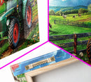 Green Tractor and Red Barn in Lush Fields, Perfect Farmhouse Art, Framed Canvas Print, Rural Wall Decor, Living Room Decoration