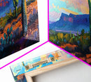Desert Sunset with Cacti and Mountains, Abstract Southwestern Art, Framed Canvas Print, Rustic Boho Wall Decor, Living Room Art