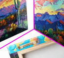 Expansive Desert Landscape at Sunset, Colorful Southwestern Art, Framed Canvas Print, Boho Living Room Wall Decor, Desert Scene