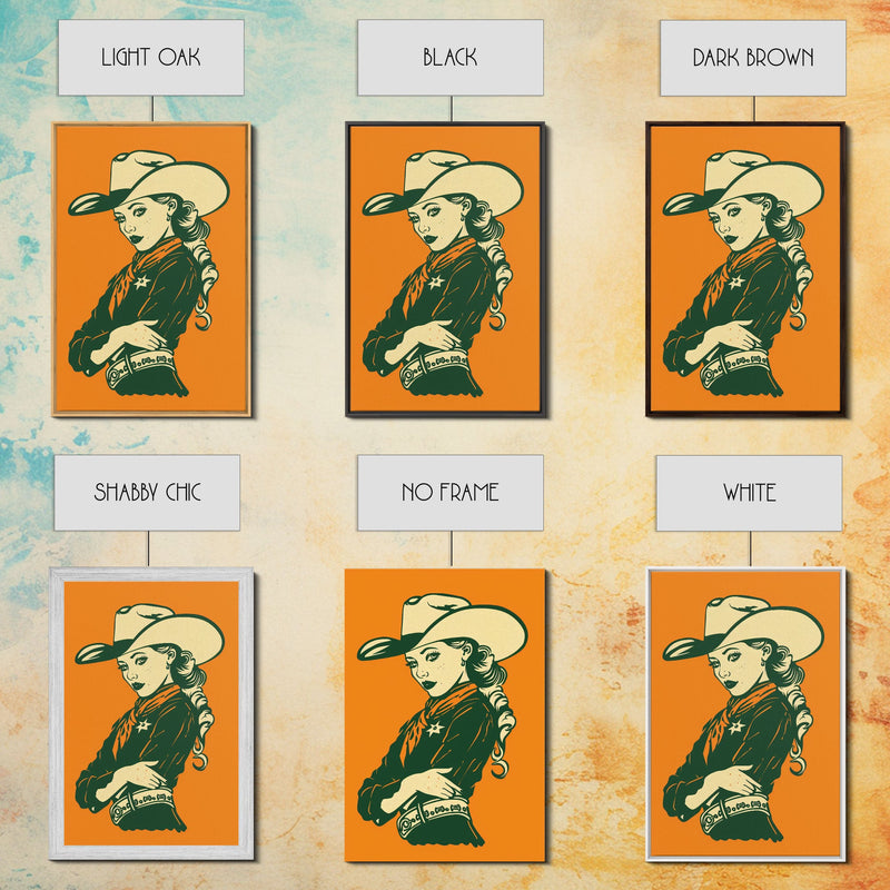 Elegant Retro Cowgirl with Hat Illustration Framed Canvas Print Vi
