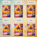 Surf Shack, Tropical Landscape, Sunset Beach, Framed Canvas Print, Boho Wall Art, Coastal Home Decor, Vibrant Surfing Aesthetic