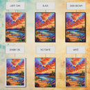 Sunset Lake, Pathway, Dreamy, Framed Canvas Print vibrant sunset lake art, colorful sky and mountain scene, living room art, office boho decor
