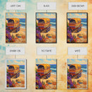 Wagon Ocean, Boho, Beach Scene With Hat Art, Framed Canvas Print, Eclectic Living Room Wall Art, Summer Coastal Decor, Vibrant Colors