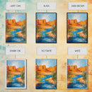 Desert Oasis, vivid landscape, blue water, rustic nature art, warm tones, panoramic painting, framed canvas print, southwest wall art