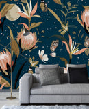 Blue Wallpaper with Exotic Flowers