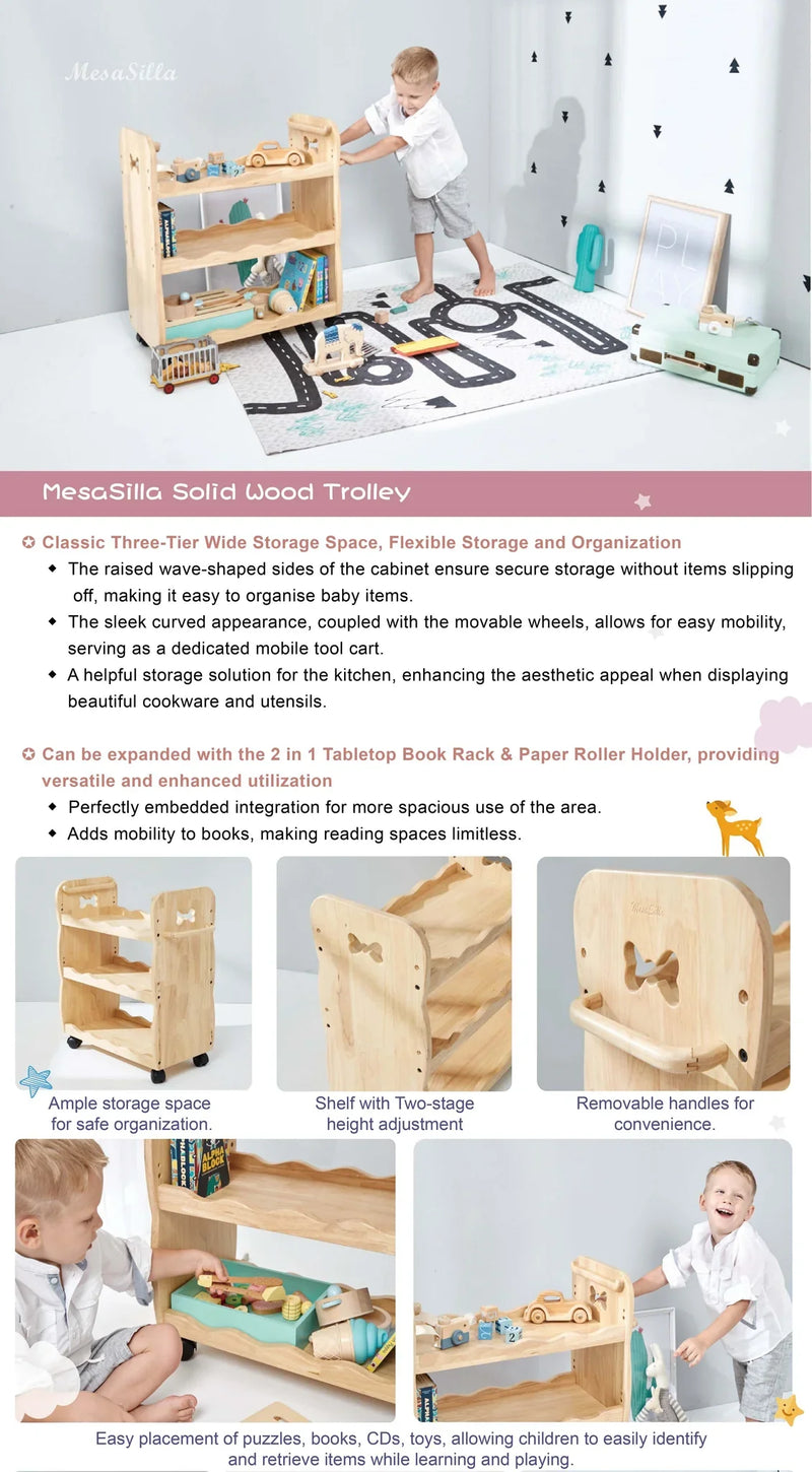 Mesasilla Solid Wood Trolley with 3 Tiers and Lockable Casters