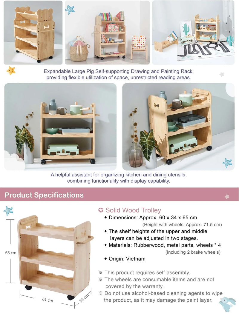 Mesasilla Solid Wood Trolley with 3 Tiers and Lockable Casters