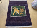 3 X 5 Handmade Rug Zagros Mountain Wool Tribal Rug Lion Purple Green Pictorial