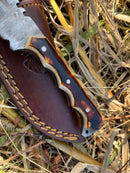 Handmade High Carbon Damascus Steel Hunting Knife/leather sheath, Serrated Back Mini TK-036