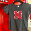 Nebraska Sewn Sequin Appliqué Black Licensed Toddler Shirt | Multiple Sizes | H.Flynn Designs