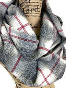 Heather Gray with Light Tan Ombre, White and Red Plaid Medium Weight Flannel Scarf
