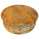 17" Round Solid Wood Latttice Carved Distressed Riser / Low Table
