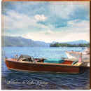 Welcome to Lake George Vintage Boat Mountains   | Wall Art Print on Real Wood