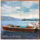 Welcome to Lake George Vintage Boat Mountains   | Wall Art Print on Real Wood