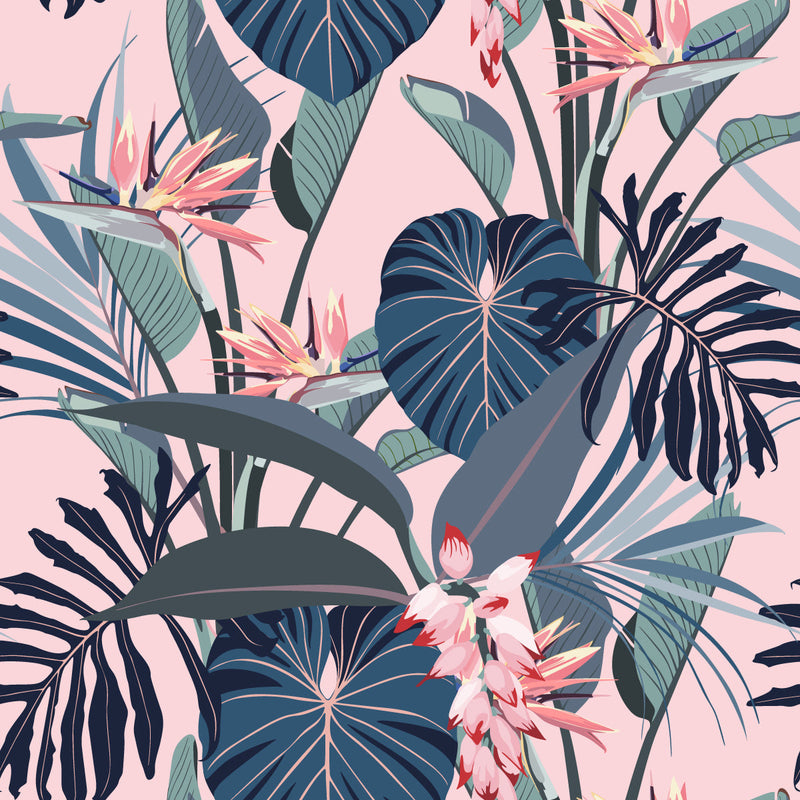 Modish Pink Wallpaper with Exotic Leaves Vogue