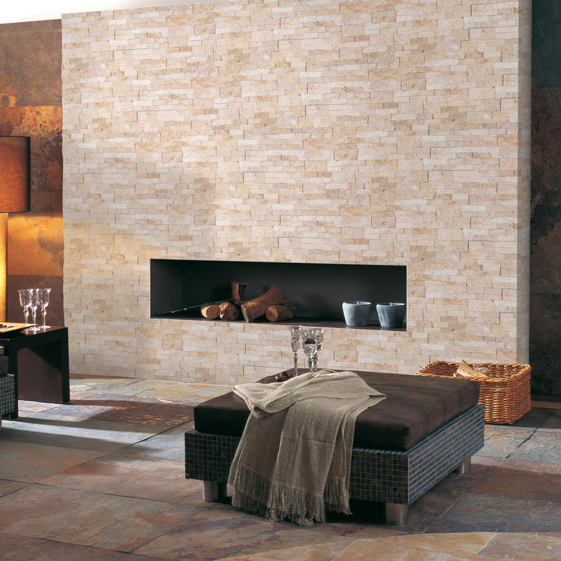 Ivory Ledger 3D Panel 6x24 Split-face Natural Travertine Wall Tile installed around fireplace