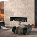 Ivory Ledger 3D Panel 6"x24" Natural Travertine Wall Tile - Full Truckload installed around fireplace slate flooring and square ottoman on floor