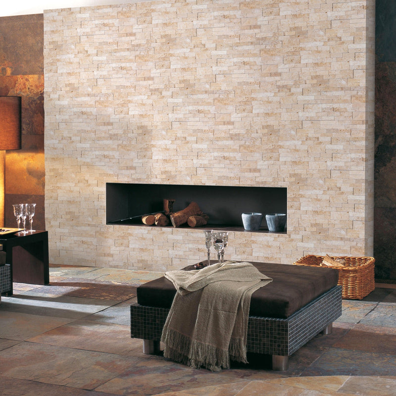 Ivory Ledger 3D Panel 6"x24" Natural Travertine Wall Tile - Full Truckload installed around fireplace slate flooring and square ottoman on floor