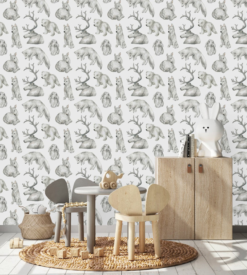 White Wallpaper with Animals