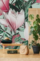 Voguish Green Wallpaper with Pink Flowers