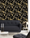 Elegant Dark Wallpaper with Gold Leaves Vogue