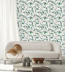 Fashionable White Wallpaper with Green Leaves Fashionable