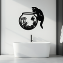 Curious Cat and Fishbowl Metal Wall Art - Playful Geometric Steel Decor - KAF135