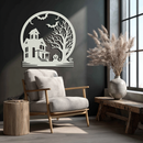 Haunted House & Bat Scene Metal Wall Art – Spooky Halloween Decor- KAF373