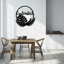 Personalized Tropical Leaves Metal Wall Art – Custom Text Circular Black Steel Decor for Modern Home and Event Spaces- KAF444