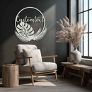 Personalized Tropical Leaves Metal Wall Art – Custom Text Circular Black Steel Decor for Modern Home and Event Spaces- KAF444