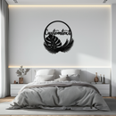 Personalized Tropical Leaves Metal Wall Art – Custom Text Circular Black Steel Decor for Modern Home and Event Spaces- KAF444