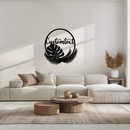 Personalized Tropical Leaves Metal Wall Art – Custom Text Circular Black Steel Decor for Modern Home and Event Spaces- KAF444