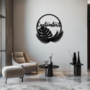 Personalized Tropical Leaves Metal Wall Art – Custom Text Circular Black Steel Decor for Modern Home and Event Spaces- KAF444